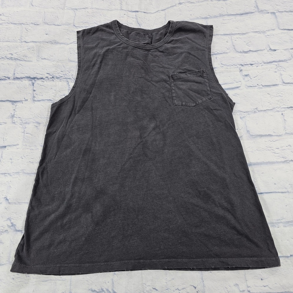 AllSaints Pilot Vest Tank Top MENS XL Black Garment Dye Distressed Cotton Pocket